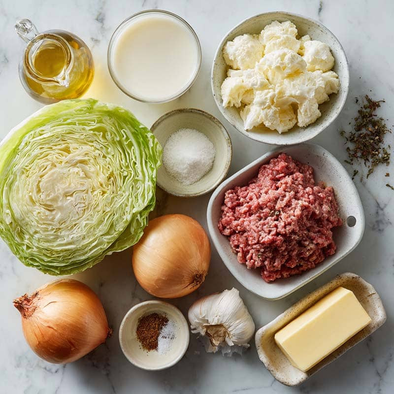 Ingredients for creamed cabbage and ground beef casserole