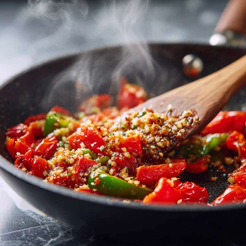 Minced garlic stirred into blistered tomatoes and bell peppers in skillet