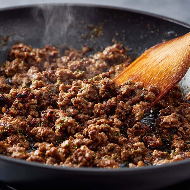 Ground beef cooking in skillet for Mediterranean stir fry