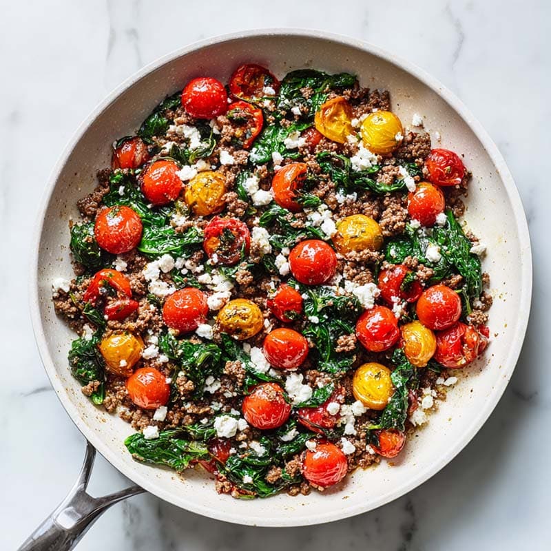Mediterranean stir fry with ground beef in white skillet