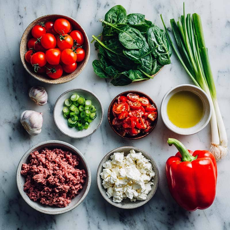 Mediterranean stir fry with ground beef ingredients on white marble