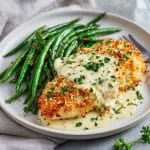 Parmesan crusted chicken with creamy garlic sauce