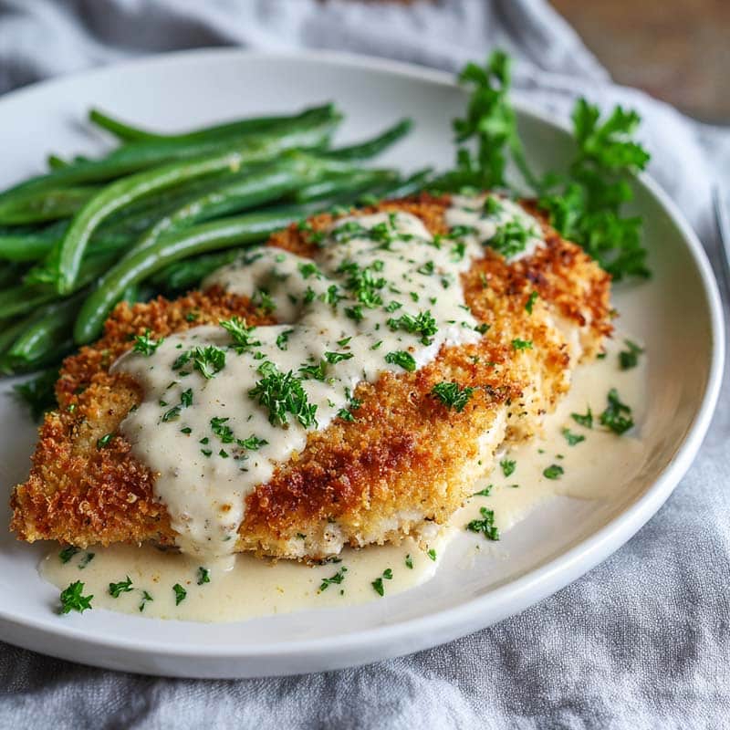 Served parmesan crusted chicken with creamy garlic sauce