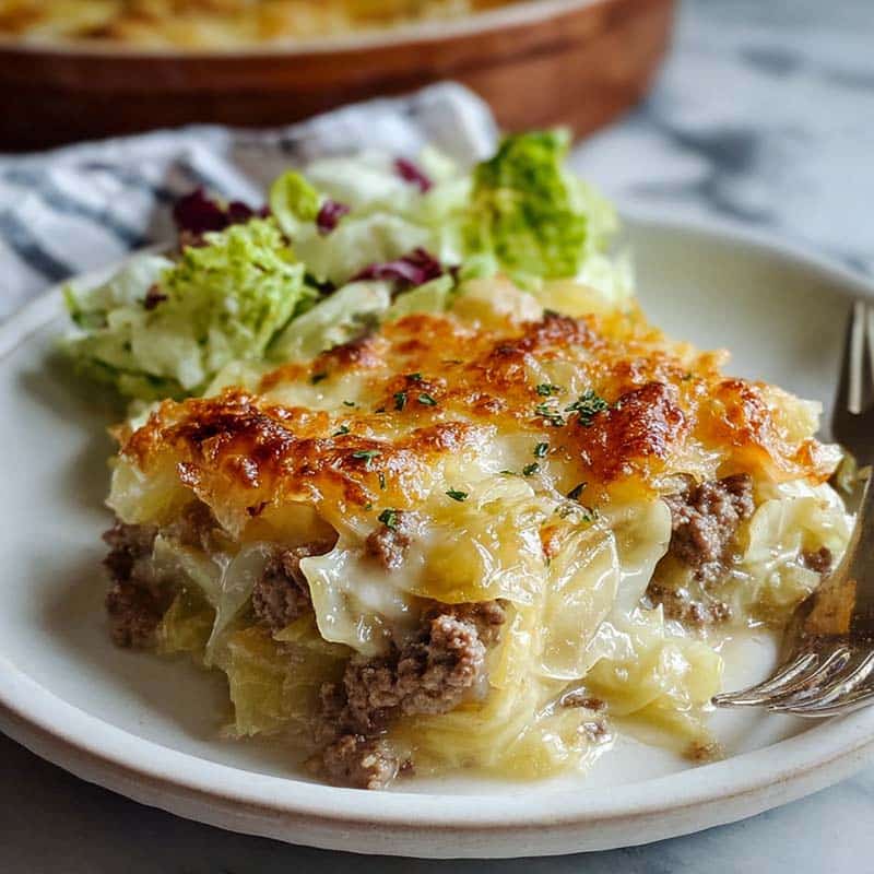 Served portion of cabbage and beef casserole on a plate