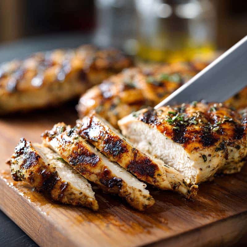 Juicy grilled chicken sliced for rice bowls