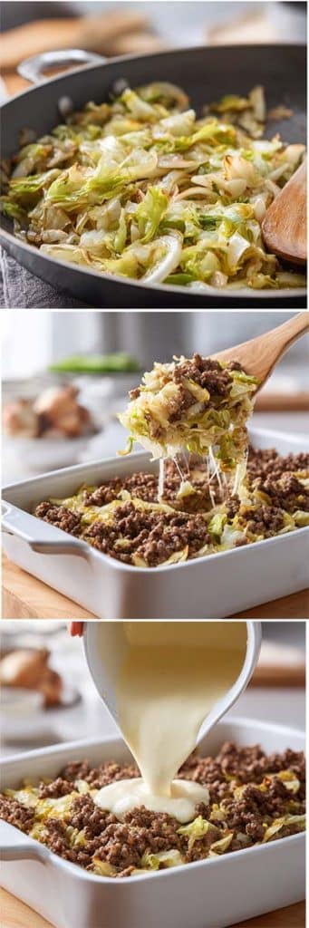 Cooking creamed cabbage and ground beef in a skillet