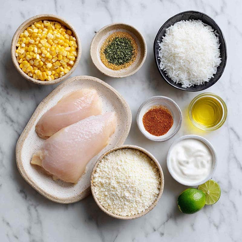 Ingredients for street corn chicken rice bowls laid out