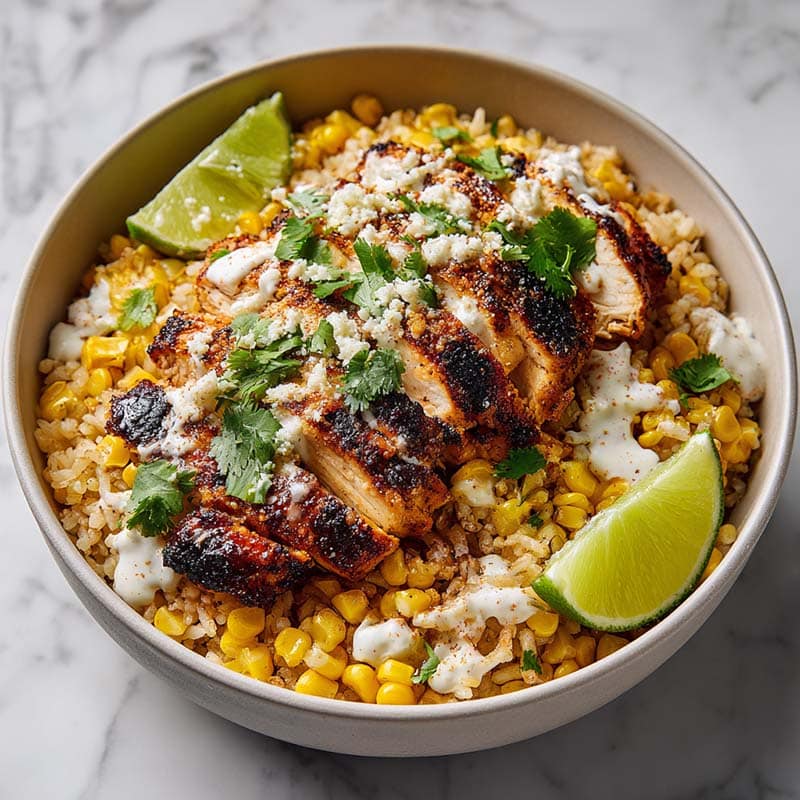 Plated street corn chicken rice bowl with crema and lime